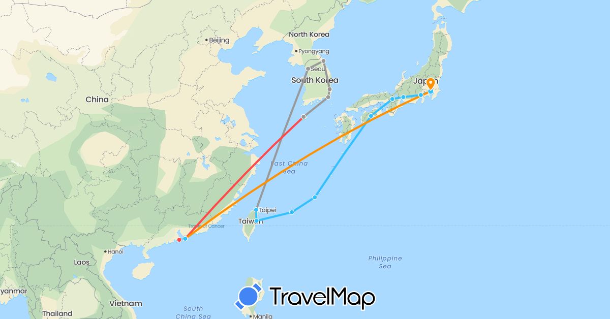 TravelMap itinerary: driving, plane, hiking, boat, hitchhiking in China, Japan, South Korea, Taiwan (Asia)
